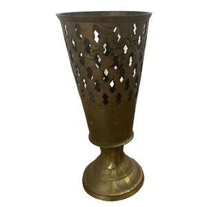 Unbranded Vintage Brass Lattice Cutout Trumpet Vase Gold Good Boho Decor 7in